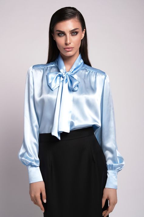 blouse, baby blue blouse, blouse outfit, blouse outfit ideas, blouse outfit inspo, blouse outfit inspiration, womens shirt, womens blouse, silk blouse, silk outfit, silk bloue inspiration, silk blouse inspo Baby Blue Blouse Outfit, Outfit Ideas Blouse, Blue Blouse Outfit, Blouse Outfit Ideas, Silk Blouse Outfit, Satijnen Blouses, Outfit Blouse, Blouse Silk, Silk Outfit