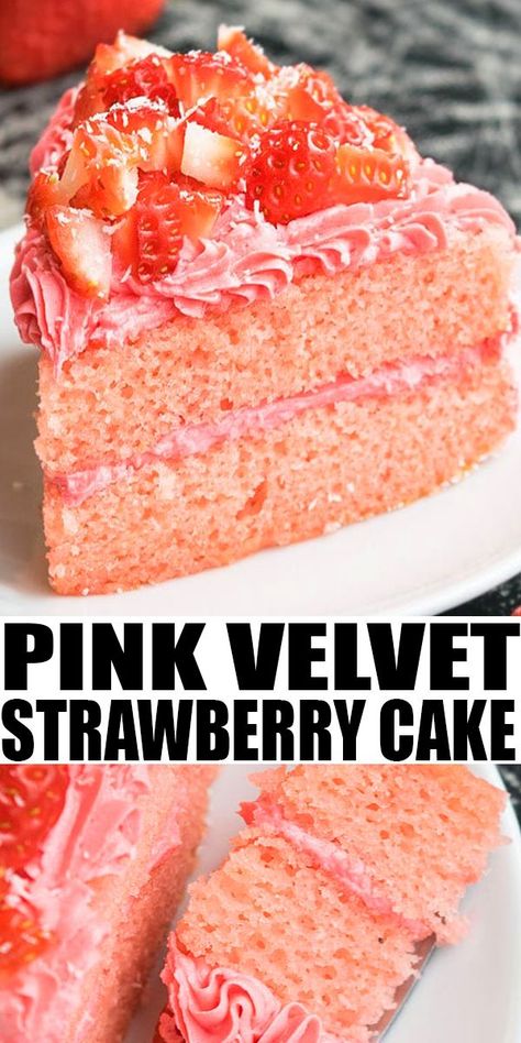 PINK VELVET CAKE RECIPE- Soft, fluffy, moist, easy pink cake from scratch, homemade with simple ingredients. Filled with strawberry buttercream frosting and fresh strawberries. Perfect for Summer parties, Valentine’s Day or girls birthday parties. From CakeWhiz.com Pink Velvet Cake Recipe, Pink Velvet Cake, Birthday Cake For Women, Birthday Cake For Women Simple, Cake For Women, Pink Velvet Cakes, Cake Recipe From Scratch, Velvet Cake Recipes, Strawberry Frosting