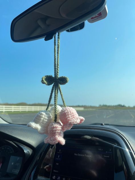 Lily of the Valley Crochet Accessory | Crochet Car Dangle | Crochet Rearview Mirror Dangle by KnottyNoodlesCrochet on Etsy Crochet Rearview Mirror, Lily Of The Valley Crochet, Mirror Purse, Crochet Accessory, Crochet Car, Hanging Flower, Purse Backpack, Flower Plant, Crochet Art