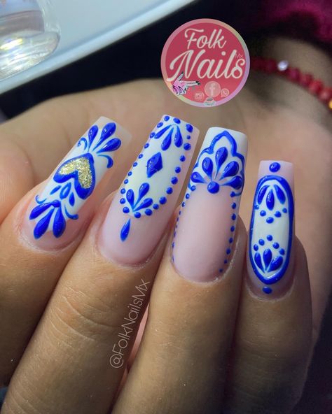 Mexican Almond Nails, Blue Mexican Nails, Mexican Tile Nails, Talavera Nail Art, Mexican Nails, Acrylic Nail Designs Coffin, Pedicure Nails, Gel Nail Designs, Luxury Nails