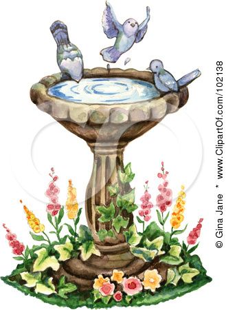 Three Blue Birds Playing In A Bird Bath Posters, Art Prints  clipartof.com Bird Bath Art, Bird Bath Tattoo Ideas, Bird Bath Painting, Birdbath Drawing, Bird Bath Drawing, Bird Bath Tattoo, Birdbath Tattoo, Fancy Art Painting, Cute Fountain