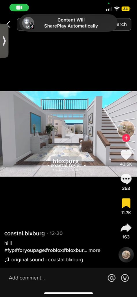 Blocksburg Beach House Ideas, Coastal Roblox House, Costal Bloxburg Backyard, Bloxburg Coastal Suburban House, Bloxburg Costal Home Layout, Costal Bloxburg Living Room Ideas, Bloxburg Coastal House Entrance, Bloxburg Beach House Ideas Interior, Coastal Entryway Ideas Bloxburg