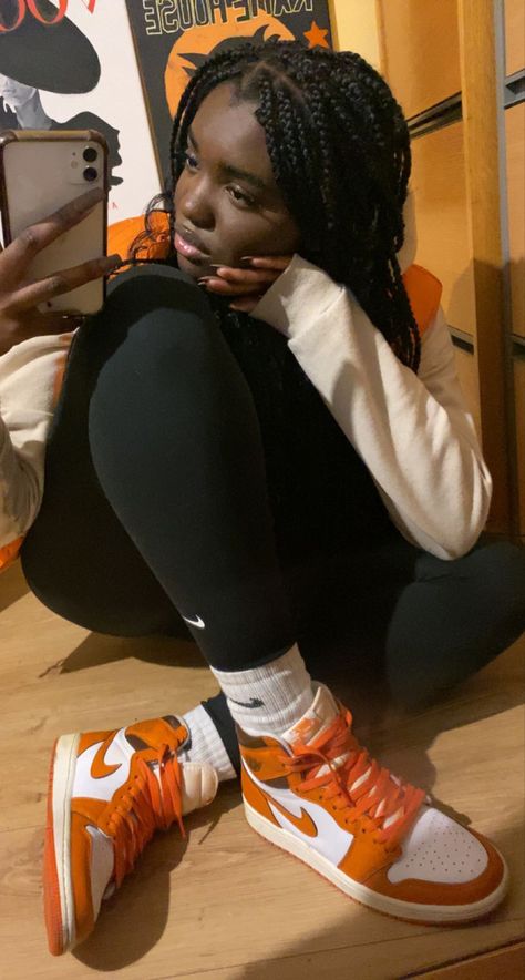 Jordan Starfish Outfit Women, Outfits With Starfish Jordans, Orange And Brown Jordan 1 Outfit, Orange And Black Jordan 1 Outfits, Nike Socks With Jordans, Starfish Jordan 1 Outfit Women, Jordan 1 Fearless Outfit, Jordan 1 Electro Orange Outfit, Jordan 1 Starfish Outfit