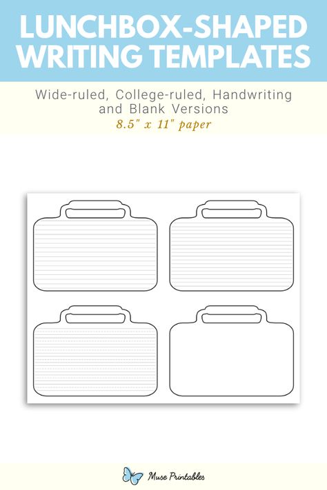 Free printable lunchbox-shaped writing templates. This PDF download includes wide ruled, narrow ruled, handwriting, and blank versions. Download the templates at https://museprintables.com/download/writing-template/lunchbox-shaped/ Lunch Board, Writing Paper Template, Handwriting Lines, Writing Template, Lined Writing Paper, From Miss To Mrs, Writing Templates, Templates Printable Free, Paper Template