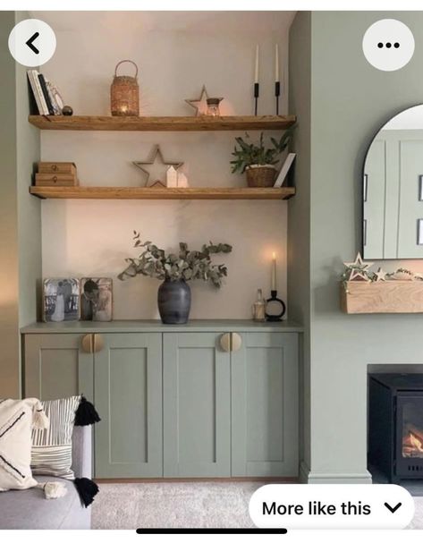 Built In Cupboards Living Room, Alcove Storage Living Room, Cupboard Living Room, Alcove Ideas Living Room, Living Room Cupboards, Alcove Shelves, Sage Green Living Room, Log Burner Living Room, Cupboard Ideas