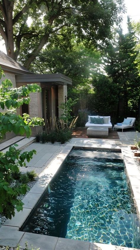 Small Natural Pool, Natural Pool Ideas, Landscape Remodel, Pool With Pool House, Pool Stairs, Small Backyard Pool Ideas, Small Pool Ideas, Back Yard Oasis, Chic Backyard