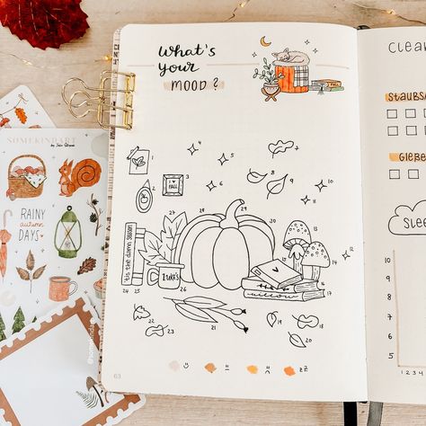 More tracker spreads from my September journal 🍁🧡😊🍂✨🌙 I had a great and cozy weekend. I enjoyed time with the family, we had a great dinner (cooked by my hubby). Furthermore I was able to paint all stickers so I’m happy to put all new products online next weekend (in case you missed my story, there will be a fall shop update on September, 29) I hope you’re doing well, happy cozy Sunday guys 🤍🤍 . . #bujoseptember #bulletjournalseptember #bujo2024 #bulletjournaltracker #bujotracker #bujocover ... Fall Mood Tracker, Fall Bujo, October Bujo, September Journal, Bullet Journal September, Fall Embroidery, Cozy Sunday, Bullet Journal Page, My September