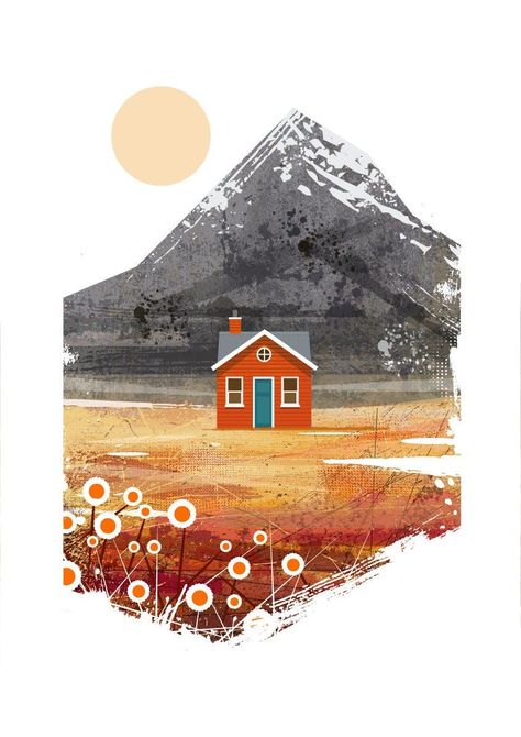 Minimalist Illustration Art Design, Illustration Styles Inspiration, Home Illustration Art, House In Mountains, Cabin Illustration, Illustration Scene, Scandinavian Illustration, Illustration Mountain, Retro Architecture