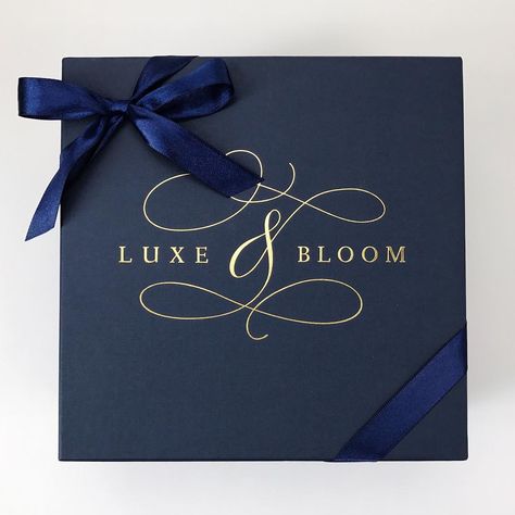 Luxe & Bloom. Navy Giftbox. Curated gift boxes. Logo design. Client Gift Box, Navy Gifts, Hug Gifts, Navy Ribbon, Get Well Soon Gifts, Baby Gift Box, Curated Gift Boxes, Sending Hugs, Custom Gift Boxes