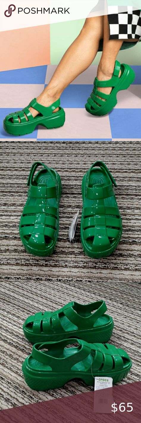 CROCS Stomp Fisherman High Shine Sandals Crocs Shoes, Lug Sole, Velcro Straps, Chunky Heel, Chunky Heels, Sandals, Heels, Plus Fashion, Green