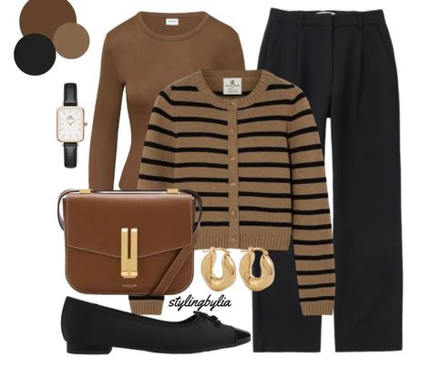 Brown And Black Outfit, Brown Cardigan Outfit, Cardigan Outfit Ideas, Cardigan Outfit, Color Combinations For Clothes, Easy Winter Outfit, Brown Cardigan, Stripe Outfits, Brown Outfit