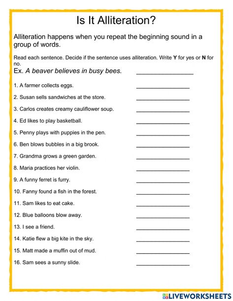 Alliteration Worksheet, Alliteration Examples, Alliteration Activities, Figurative Language Worksheet, Escuela Diy, English Notes, Ela Worksheets, Language Arts Worksheets, French Worksheets