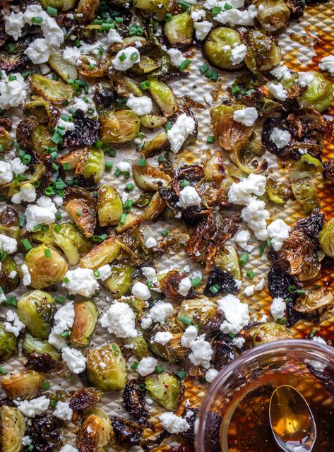 Hot honey brussels sprouts are the perfect side dish! Crispy brussels sprouts that are sweet & spicy, topped with feta and chives. So delicious enough to eat right off the pan. Shredded Brussels Sprouts Recipe, Honey Brussel Sprouts, Hot Honey Recipe, Autumn Side Dishes, Roasted Brussels Sprouts, Sprout Recipes, Hot Honey, Brussels Sprouts Recipe, Honey Roasted