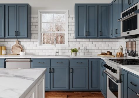 Blue Shaker Kitchen Cabinets, Blue Gray Kitchen Cabinets, Blue Shaker Kitchen, Navy Blue Kitchen Cabinets, Grey Blue Kitchen, Light Blue Kitchens, Blue Kitchen Cabinets, Shaker Kitchen Cabinets, Kitchen Cabinet Styles