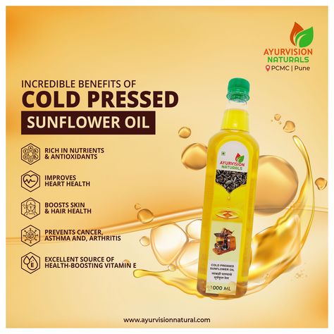 Every drop of Ayurvision Naturals Cold- Pressed Sunflower Oil is as pure as nature! 9975242120/ 9975862120. www.ayurvisionnatural.com. . . #ayurvisionnaturals #spirich #coldpressedoil #coldpressedoils #organic #healthyfood #healthylifestyle #healthyoils #healthyeating #goodfood #noprocessing #unprocessedfood #freeradicals #eatwholefoods #foodie #instafoodie #foodquality #knowyourfood #healthycookingoil #chemicalfreelife #chemicalfree #pune #pimprichinchwad #pure #eathealthy #stayhealthy Cooking Oil Poster Design, Cooking Oil Social Media Post, Oil Social Media Design, Nat Habit, Pressed Sunflower, Healthy Cooking Oils, Ads Creative Advertising Ideas, Oil Paper, Cold Pressed Oil