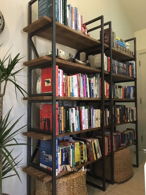 Industrial Wood Bookshelf, Wood And Metal Library, Industrial Library, Industrial Design Living Room, Metal Library, Aesthetic Bookshelf, Industrial Shelves, Bookshelf Aesthetic, Industrial Loft Design