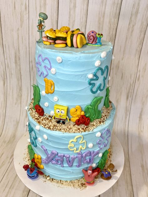 Two tier krabby patties Krabby Patty Cake, Two Tier Spongebob Cake, Spongebob Cake, Spongebob Square, Square Pants, Diaper Cake, Birthday Cake, Cake, Birthday