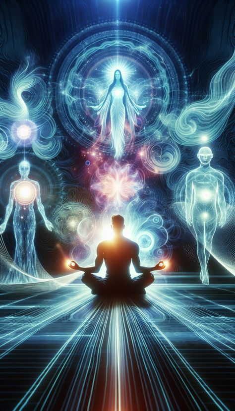 Imagen de una persona meditando en un entorno sereno bajo un cielo estrellado, representando la conexión con guías espirituales. Meditation Art Spirituality, Spiritual Abundance, Qigong Meditation, Cool Optical Illusions, Chakra Art, Spiritual Artwork, Universe Galaxy, Meditation Art, Wealth Affirmations