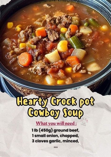 Easy Vegetable Soup Recipes | This Hearty Crockpot Cowboy Soup is a warm, comforting, and easy-to-make dish packed with ground beef, vegetables, beans, and potatoes | Facebook Crockpot Cowboy Soup, Ground Beef Vegetable Soup Crock Pot, Easy Crockpot Cowboy Soup, Hearty Cowboy Soup, Hearty Crock Pot Cowboy Soup, Ground Beef Stews, Easy Vegetable Soup, Quick Soup Recipes, Quick Soup