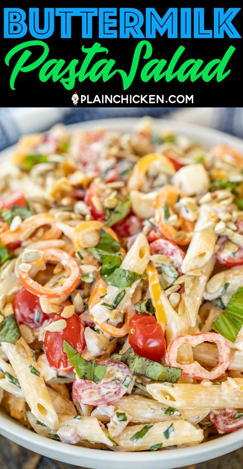 Buttermilk Pasta Salad - the BEST pasta salad ever!! Great for a crowd! Pasta, tomatoes, chives, sweet peppers, basil, cucumbers, onion, sunflower seeds, and feta tossed in a delicious homemade buttermilk dressing made with mayonnaise, lemon juice, hot sauce, garlic, chili flakes and pepper. Add some canned tuna or cooked chicken for a meal! Can make in advance and refrigerate until ready to serve! #easy #pastasalad #recipe #sidedish #pasta Buttermilk Pasta Sauce Recipes, Pasta Salad With Canned Chicken, Buttermilk Pasta Sauce, Pasta Salad Mayonnaise, Best Pasta Salad Ever, Buttermilk Salad, Plain Chicken Recipe, The Best Pasta Salad, Macaroni Salads