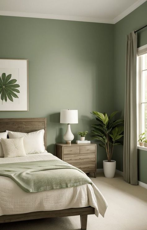 Green Room Ideas Bedroom, Green And White Bedroom, Olive Green Bedrooms, Green Bedroom Walls, Green Bedroom Decor, Room Color Combination, Bedroom Color Combination, Bilik Idaman, Sage Green Bedroom