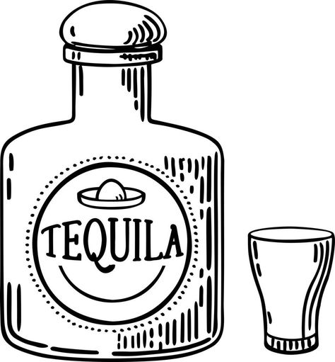 Hand drawn bottle of tequila with a glass. Glass Bottle with strong drink. Vintage Mexican tequila badge. Hand Drawn engraved sketch for t-shirt. Vector illustration, ink sketch Tequila Drawing Art, Drinking Alcohol Drawing, Tequila Bottle Drawing, Tequila Drawing, Tequila Illustration, Drinking Drawing, Alcohol Sketch, Alcohol Drawing, Tequila Art