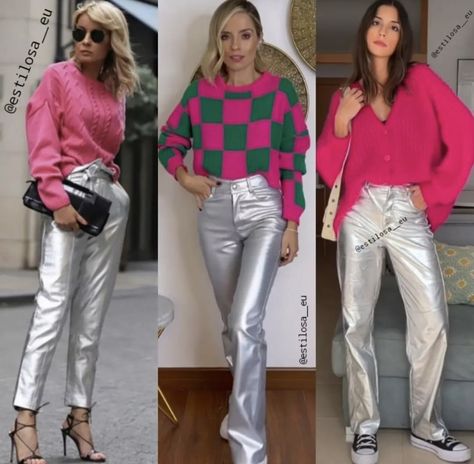 Style Silver Pants, Silver Trousers Outfit Women, Silver Pants Outfit Night, Silver Pants Outfit, Metallic Pants Outfit, Silver Trousers, Silver Outfit, Metallic Trousers, Silver Outfits