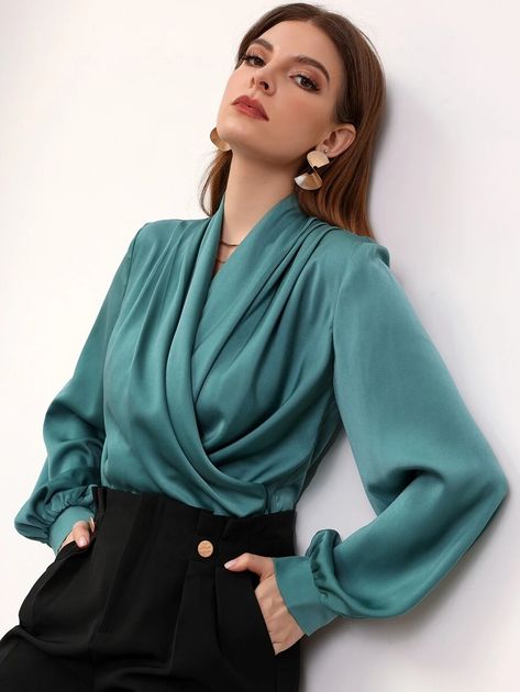 Surplice Front Lantern Sleeve Blouse | SHEIN USA Professional Blouses, Morgan Dress, Soiree Dress, Lantern Sleeved Blouses, Blouse Pattern Sewing, Stylish Blouse, Women Blouses, Dressy Tops, Hijab Outfit