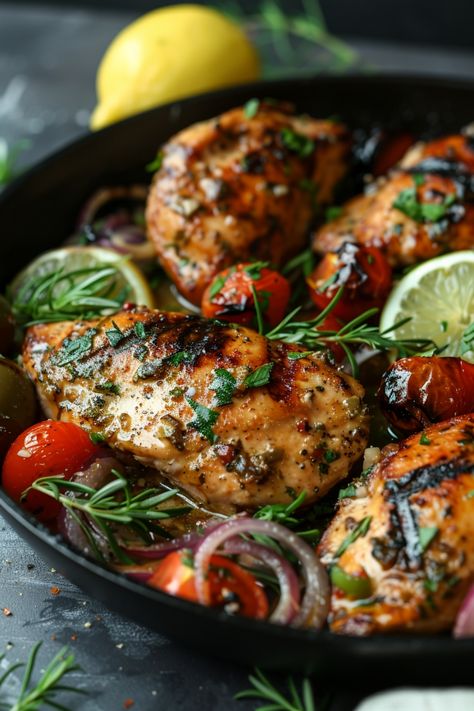 Grilled chicken breasts with herbs, cherry tomatoes, red onions, and lime slices in a skillet. One Pot Greek Chicken And Rice, Mediterranean Family Dinners, Greek Baked Chicken, Greek Chicken And Rice, Greek Food Recipes, Mediterranean Chicken Recipes, Cast Iron Skillet Recipes Dinner, Greek Chicken Recipes, Chicken Skillet Recipes