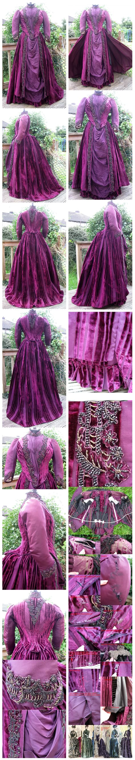 Victorian Plum Coloured Striped Beaded Velvet and Silk Faille Reception Gown / Dress dated to 1886/1887 Ebay:Madaboutfans 1880s Fashion, Reception Gown, 1800s Fashion, Bustle Dress, Victorian Costume, 19th Century Fashion, Old Dresses, Antique Dress, Victorian Clothing