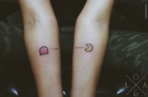 Pacman tattoo Pacman Tattoo Ideas, Pac Man Tattoo, Pacman Tattoo, Cute Simple Tattoos, Best Friend Tattoos, Tat Ideas, Friend Tattoos, Pac Man, Couple Tattoos