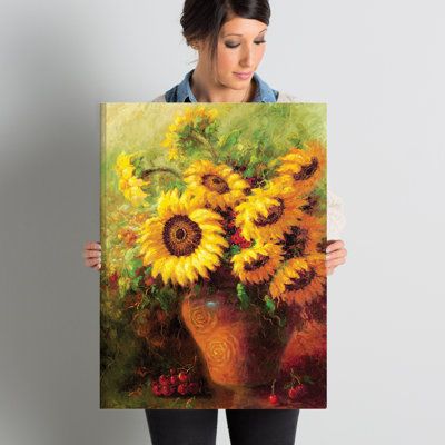 Inspired by classical still frame paintings and inspired by our favourite summer bud, this alluring painting print on canvas depicts a stunning sunflower bouquet in a curvaceous planter accented by sprays of red flowers and stems of red cherries in a rich, romantic style. Available in a variety of sizes to suit your style needs, this beautiful image is crafted in the United States, semi-gloss printed on cotton canvas, gallery wrapped over a stretcher bar frame, and arrives ready to hang with wal Still Frame, Sunflower Painting, Animal Posters, Easy Paintings, Modern Wall Art, Art Sur Toile, Painting Frames, Print On Canvas, Art Materials