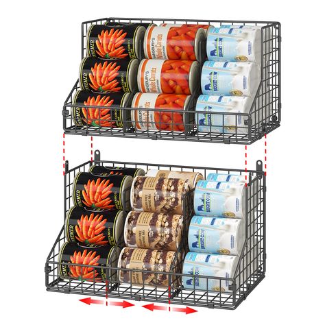 PRICES MAY VARY. 2 IN 1 STORAGE BASKET: Our can organizer rack is designed in layers, you can stack two baskets together or split them into two single baskets according to your needs. You can place it on a cupboard or tabletop to maximize your storage space. 4 ADJUSTABLE DIVIDERS: Our pantry storage baskets are equipped with 4 adjustable dividers, you can adjust the spacing of the dividers to match different size cans or various types of snack packs. If you don't need these dividers, you can als Pantry Black, Pantry Can Organization, Kitchen Cabinet Pantry, Can Rack, Metal Wire Basket, Cabinet Pantry, Can Dispenser, Canned Food Storage, Can Storage