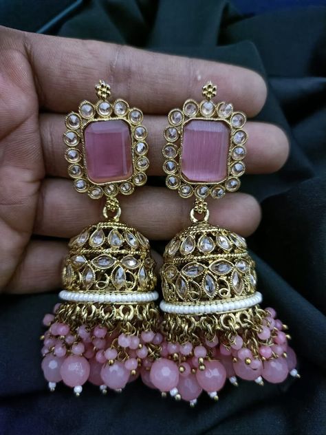 Pink Antique, Pearl Statement Earrings, Artificial Jewelry, Real Gold Jewelry, Earrings Indian, Jhumki Earrings, Statement Earring, Punjabi Suits, Blue Earrings