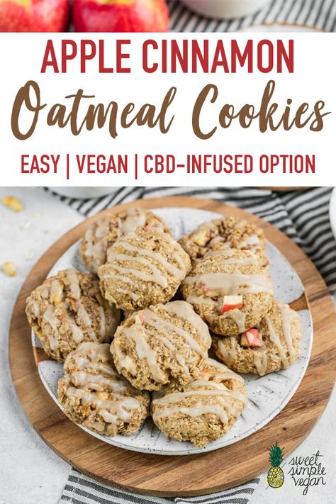 Celebrate fall with these easy peasy vegan apple cinnamon oatmeal cookies! They require just 11 simple ingredients and are ready in less than 30 minutes. Let's get baking! #applecinnamon #oatmeal #cookies #CBD #infused #vegan #glutenfree #fallbaking #veganbaking #holiday #dessert #kids #sweetsimplevegan #30minutes #10ingredient Vegan Apple Oatmeal Cookies, Vegan Apple Cookies, Apple Cinnamon Oatmeal Cookies, Vegan Cookie Recipes, Apple Cider Cookies, Cinnamon Oatmeal Cookies, Apple Cookie, Oatmeal Cookies Easy, Apple Cinnamon Oatmeal