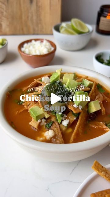 Isabel Orozco-Moore on Instagram: "Chicken Tortilla Soup ✨ Most chicken tortilla soups are made with a mixture of dried spices, but I used some dried pasilla chiles for a more authentic Mexican flavor. The dried chiles give the broth the best flavor without a ton of heat. It’s just what you need for your weeknight dinners. Filled with shredded chicken, crispy tortilla strips, beans, and corn, this high-protein, comforting, and healthy soup is a crowd favorite!

Get the recipe link in my @isabeleats profile or comment CHICKEN TORTILLA SOUP to have it sent your way!
… 

#chickentortillasoup #mexicanrecipes #mexicanfood #mexican #mexicanamerican #onepotmeal #easyrecipe #healthy

🎥: @thisisavocado_" Chicken Tortilla Soup Videos, Best Tortilla Soup Recipe, Easy Tortilla Soup, Mexican Tortilla Soup, Tortilla Soup Easy, Dried Spices, Chicken Tortilla Soup Recipe, Beans And Corn, Tortilla Strips