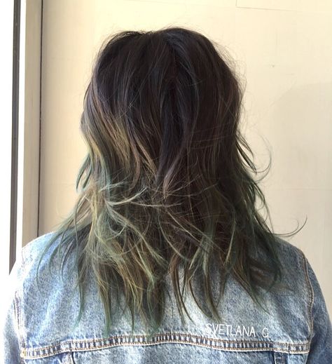 #balayage #Ombre #brunette  #sage #greenhair #haircolor #hairstyle #longhair #HairbySvetlanaG #Waves #beachwaves #hair #shorthair #funky Brunette With Green Highlights, Sage Green Highlights Hair, Subtle Green Hair, Balayage Ombre Brunette, Ombre Brunette, Teal Highlights, Grey Highlights, Hair Brunette, Green Highlights