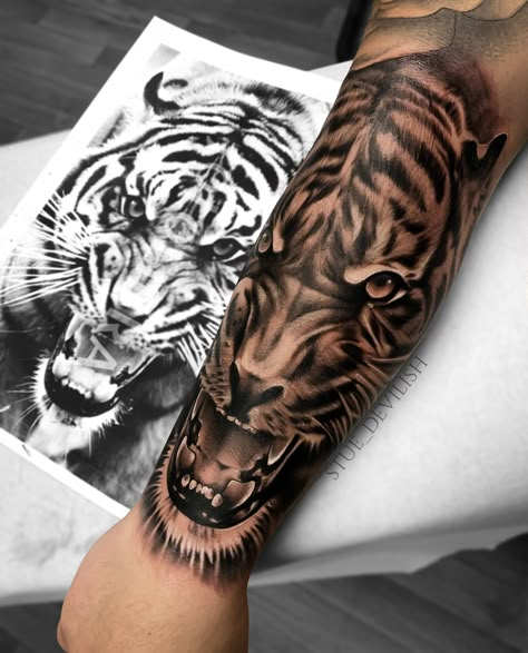 Tiger Tattoo For Men Leg, Animal Tattoo Designs For Men, Angry Tiger Tattoo, Arm Tattoos Tiger, Geometric Tiger Tattoo, Tiger Forearm Tattoo, Mens Tiger Tattoo, Tiger Face Tattoo, Tiger Tattoo Sleeve