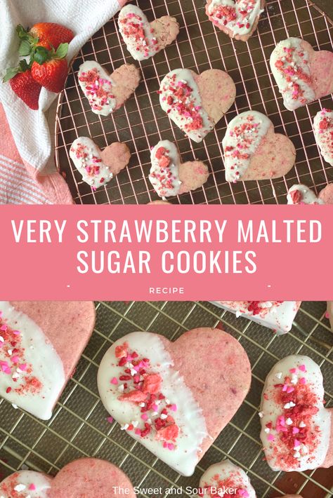 Strawberry Sugar Cookies Roll Out, Buttercream Valentines Cookies, Strawberry Cut Out Cookies, Strawberry Cutout Cookies, Cut Out Cookie Recipe Flavored, Malted Desserts, Freeze Dried Strawberry Cookies, Strawberry Sugar Cookie Recipe, Valentines Sugar Cookies