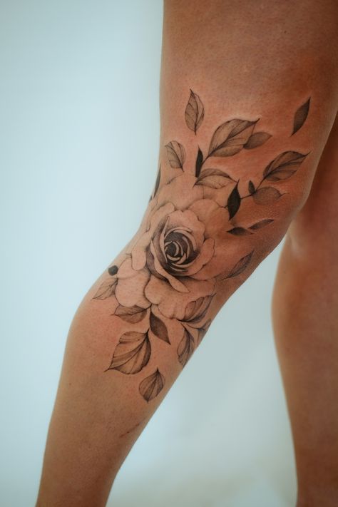 Shin Tattoos For Women Flower, Rose Knee Cap Tattoo, Rose Leg Tattoos Women Lower, Flower Tattoos Knee, Wrap Around Knee Tattoo Women, Daisy Knee Tattoo, Knee Tattoo Rose, Knee Scar Tattoo Cover Up, Flower Knee Tattoos Women