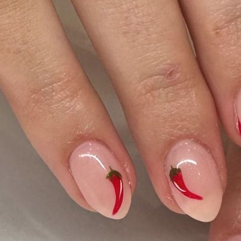 Chile Pepper Nails, Nail Art For Summer 2024, Hot Pepper Nails, Red Chili Pepper Nails, Chilli Nails Design, Chili Nail Art, Chili Pepper Nail Art, Red Fruit Nails, Red Hot Chili Peppers Nails