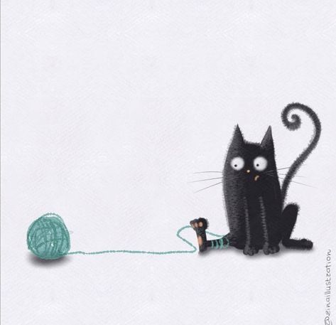 Cat Yarn Illustration, Black Cat Artwork, Black Cat Art, Cat Artwork, Cats Illustration, Cat Painting, Cat Drawing, Crazy Cat Lady, Art Journals