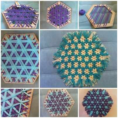 How to DIY Hexagon Lap Weave Coaster » Cool Creativity Loom Flowers, Loom Craft, Peg Loom, Loom Knitting Projects, Loom Knitting Patterns, Placemats Patterns, Weaving Projects, Yarn Projects, Homemade Crafts