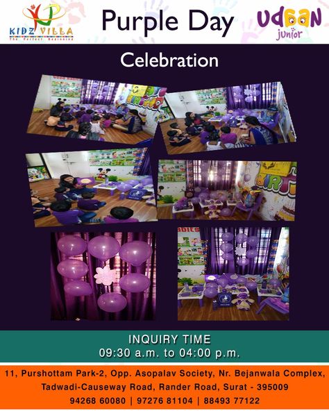 Purple is extreme when it comes to colours. So the theme Purple Day was celebrated in our KidzVillaPreSchool to make the little kids aware about these colour and how it add beauty to things around us. Address:- 11, Purshottam Park-2 Opp. Asopalav Society, Nr.Bejanwala Complex, Tadwadi-Causeway Road, Rander Road, Surat-395009 #Playgroupschool #Learnandfun #Funloving #Enjoyment #Learning #Rander #Surat #Kidzvilla #Preschool #Newlearning #Newexperience #playschool Purple Day, Fun Loving, New Experience, Preschool, Things To Come, Road, Celebrities, Purple, Beauty