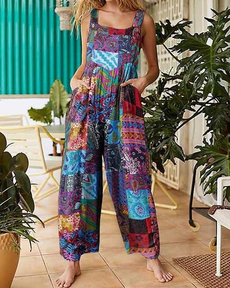 d961e9f236177d65d21100592edb0769desc52338690ri Boat Neck Jumpsuit, Summer Overalls, Loose Romper, Vintage Jumpsuit, Pocket Jumpsuit, Floral Print Jumpsuit, Loose Jumpsuit, Print Jumpsuit, Ethnic Print