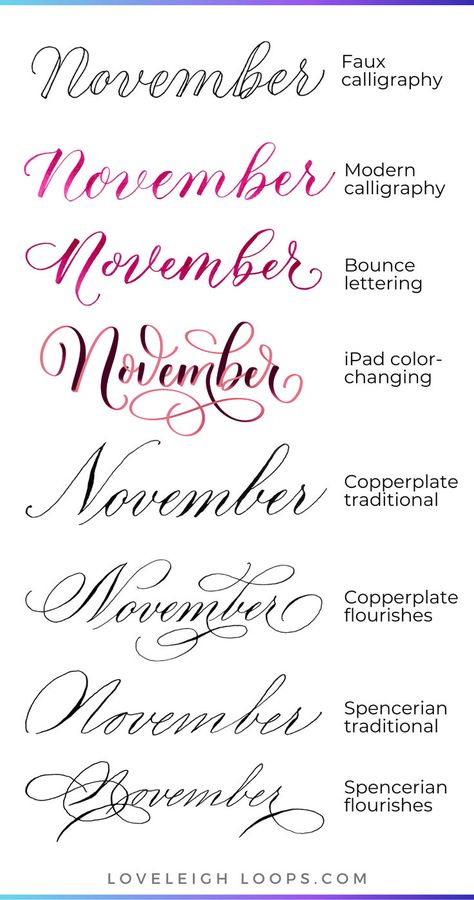 Learn to write Novemeber in calligraphy with this easy calligraphy tutorial from Loveleigh Loops! Here you'll find 8 beautiful calligraphy examples of the month November and each one comes with a quick lesson how to write it. If you're looking for a fun calligraphy project, the word November is a good place to start. Follow Loveleigh Loops for more calligraphy ideas and tutorials! Lettering Prompts, Easy Calligraphy, Fun Calligraphy, Calligraphy Writing Styles, Practice Calligraphy, Flourish Calligraphy, Calligraphy Fonts Alphabet, Fancy Writing, Calligraphy Ideas