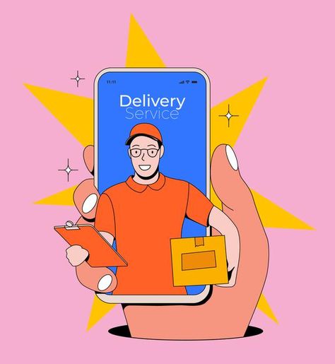 Online delivery service concept with han... | Premium Vector #Freepik #vector #hand #phone #man #box Delivery Guy Illustration, Phone Illustration Smartphone, Delivery Man Illustration, Illustration System, Delivery Illustration, Delivery Guy, Poster Project, Hand Phone, Vector Technology