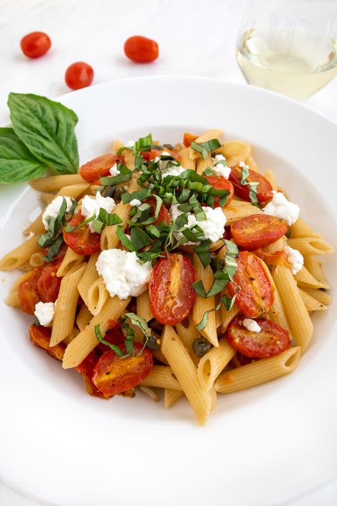 Penne with Roasted Cherry Tomatoes, Capers, and Goat Cheese Goat Cheese Pasta, Quick Pasta, Roasted Cherry, Roasted Cherry Tomatoes, Delicious Pasta, Big Kitchen, Cheese Pasta, Pasta Dish, Grape Tomatoes