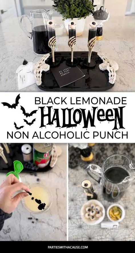 Black Lemonade: How to Make Non Alcoholic Spooky Halloween Punch - Parties With A Cause Addams Family Party Ideas, Birthday Party Punch, Spooky Halloween Punch, Wednesday Addams Birthday Party, Black Lemonade, Wednesday Addams Party, Wednesday Addams Birthday, Non Alcoholic Punch, Family Halloween Party