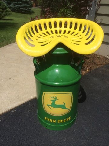 John Deere Seat I made from an old Tractor Seat and Milk Can John Deere Crafts, John Deere Bedroom, John Deere Kitchen, Tractor Seat Bar Stools, John Deere Decor, Tractor Seat Stool, Painted Milk Cans, Milk Can Decor, Tractor Decor